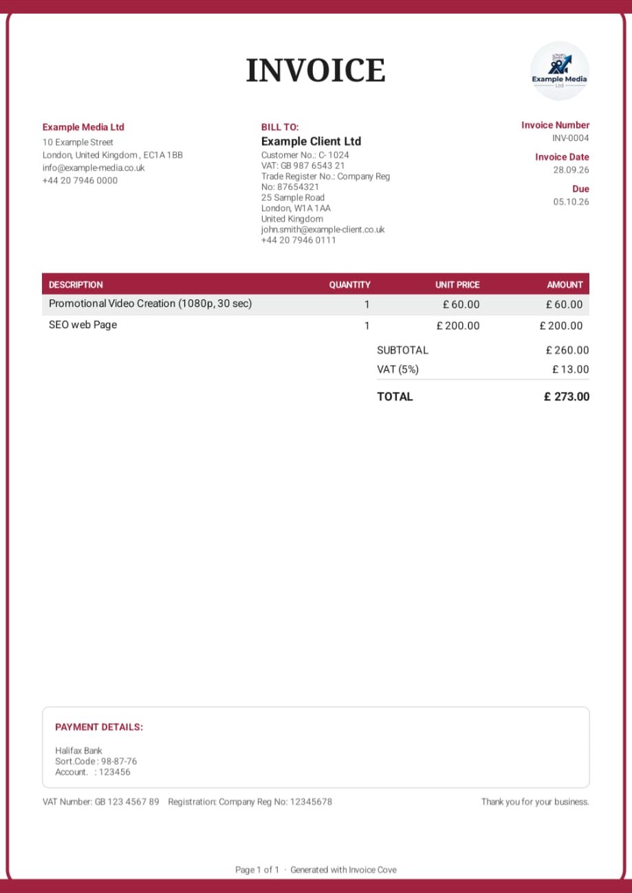 Invoice PDF, classic template with a red frame
