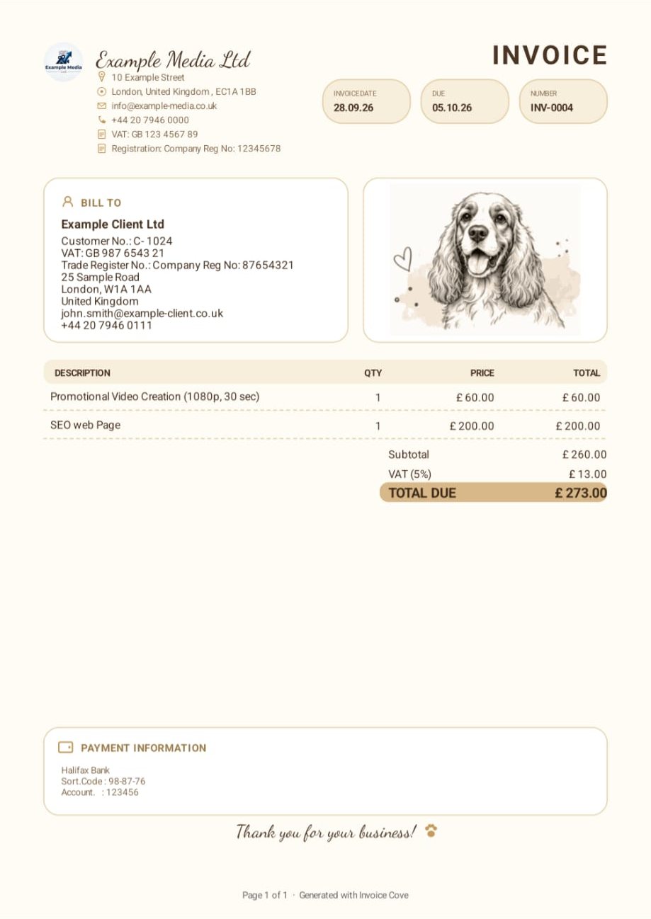 Invoice PDF, cream template with a dog illustration