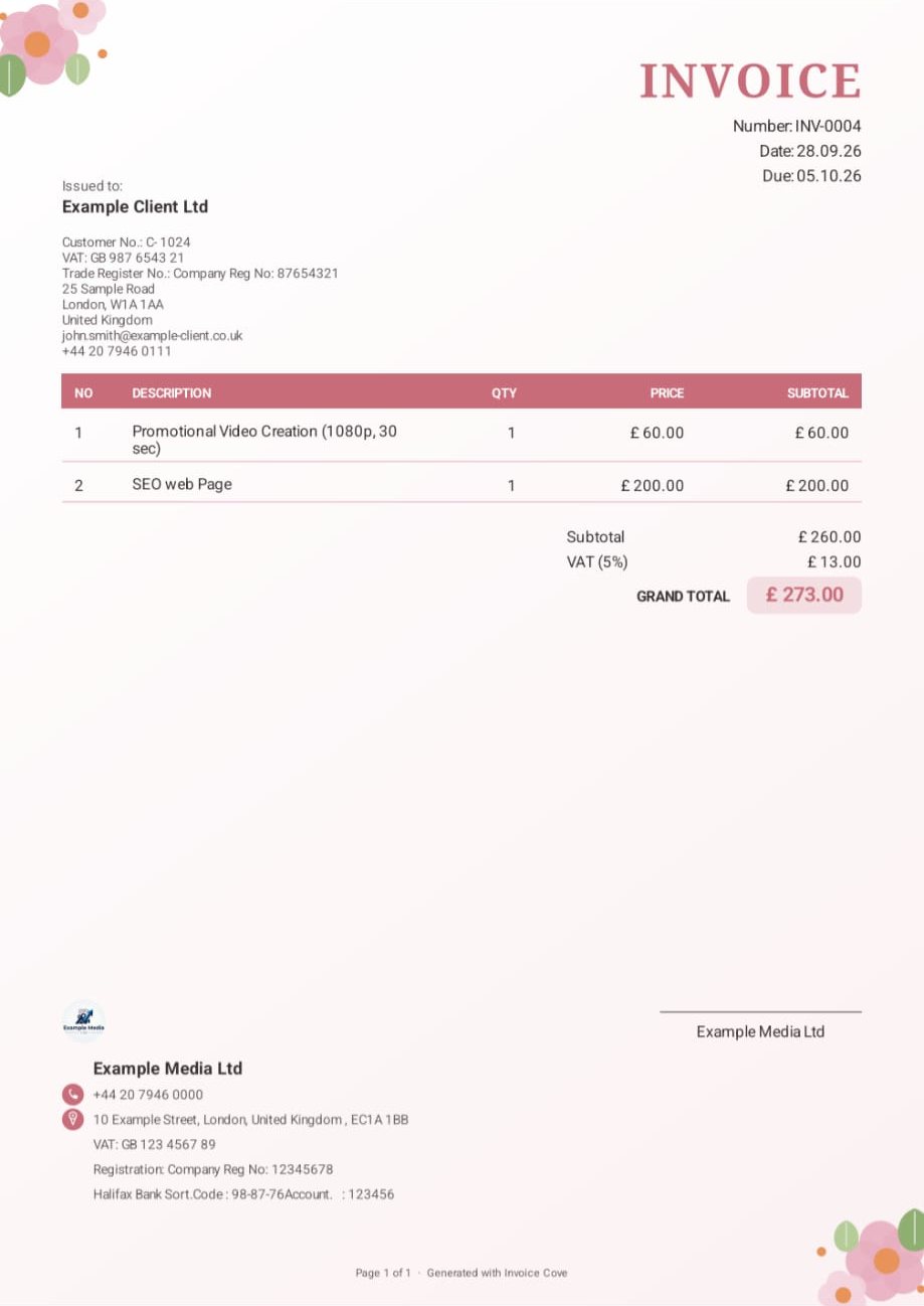 Invoice PDF, soft template with flowers