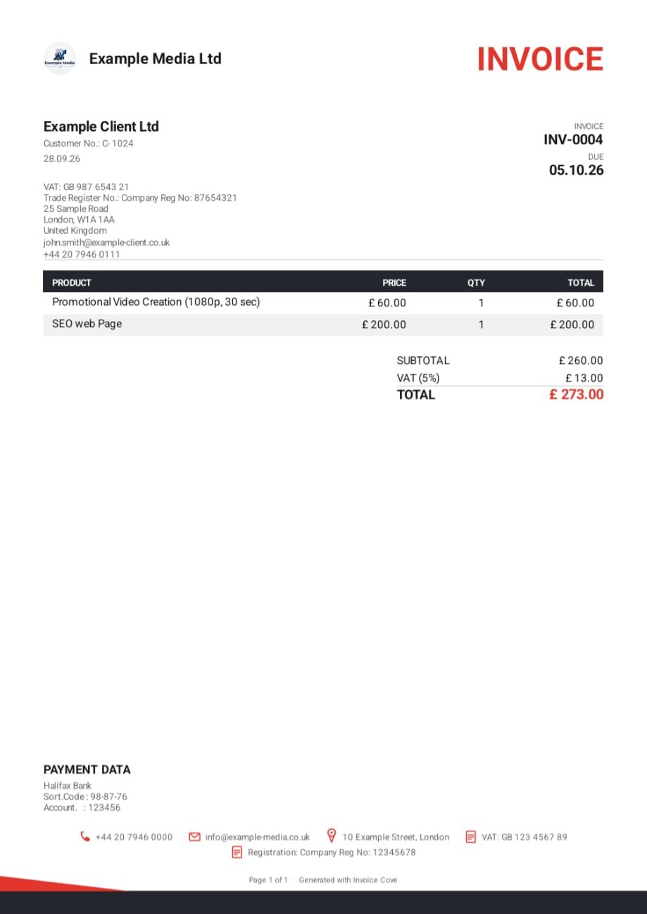 Invoice PDF, minimal template with red accents