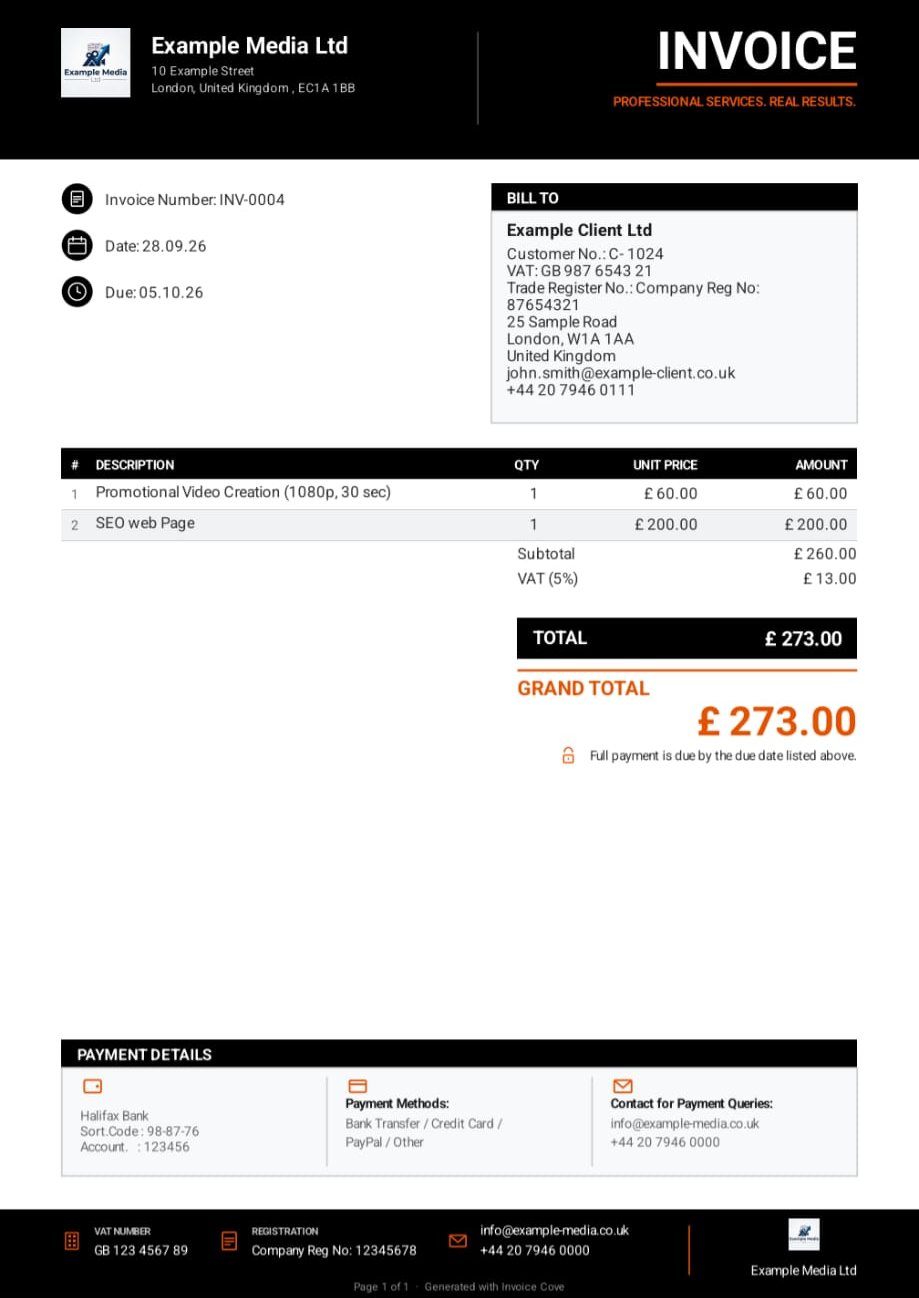Invoice PDF, bold black corporate template