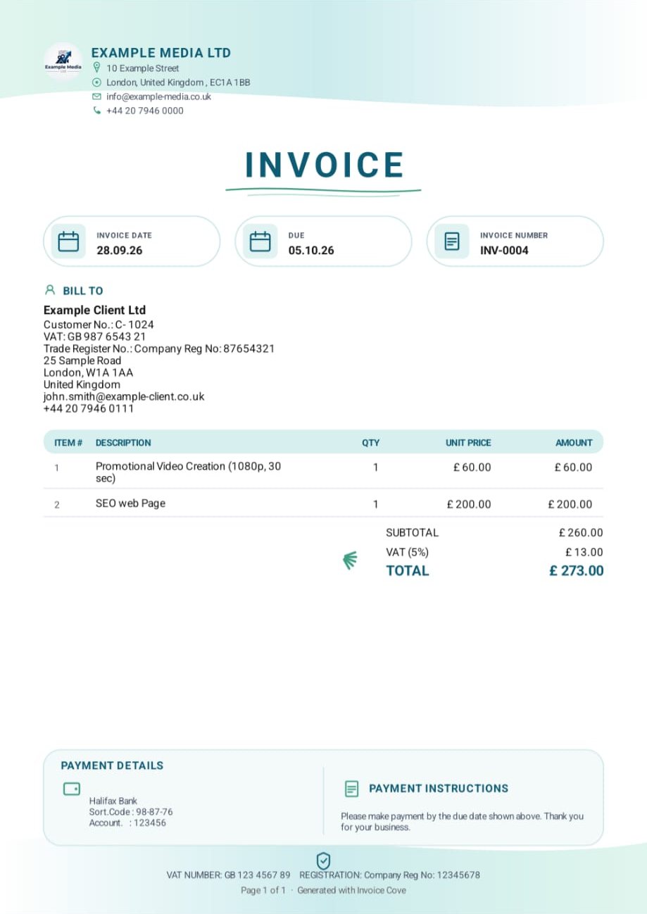Invoice PDF, modern teal template