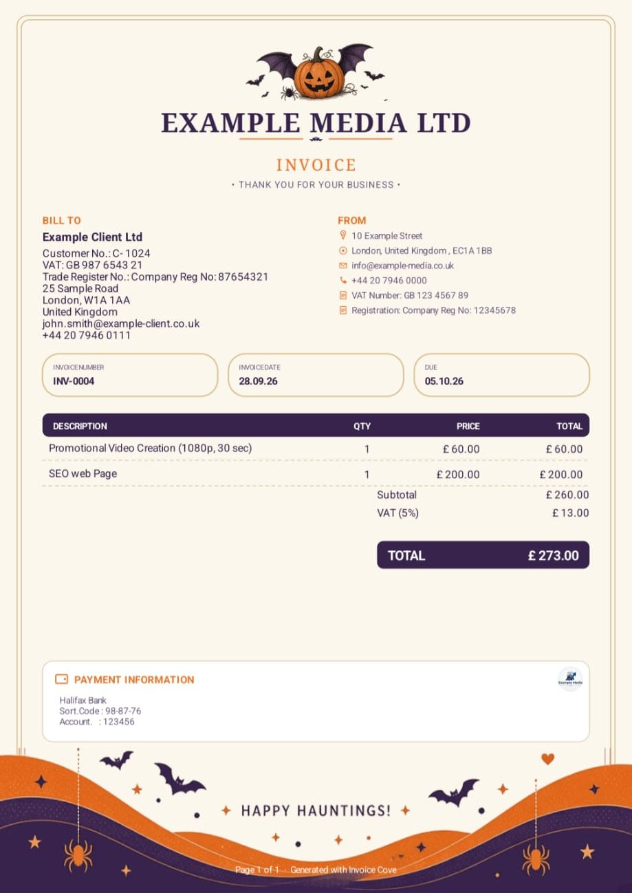 Invoice PDF, Halloween template with pumpkins and bats