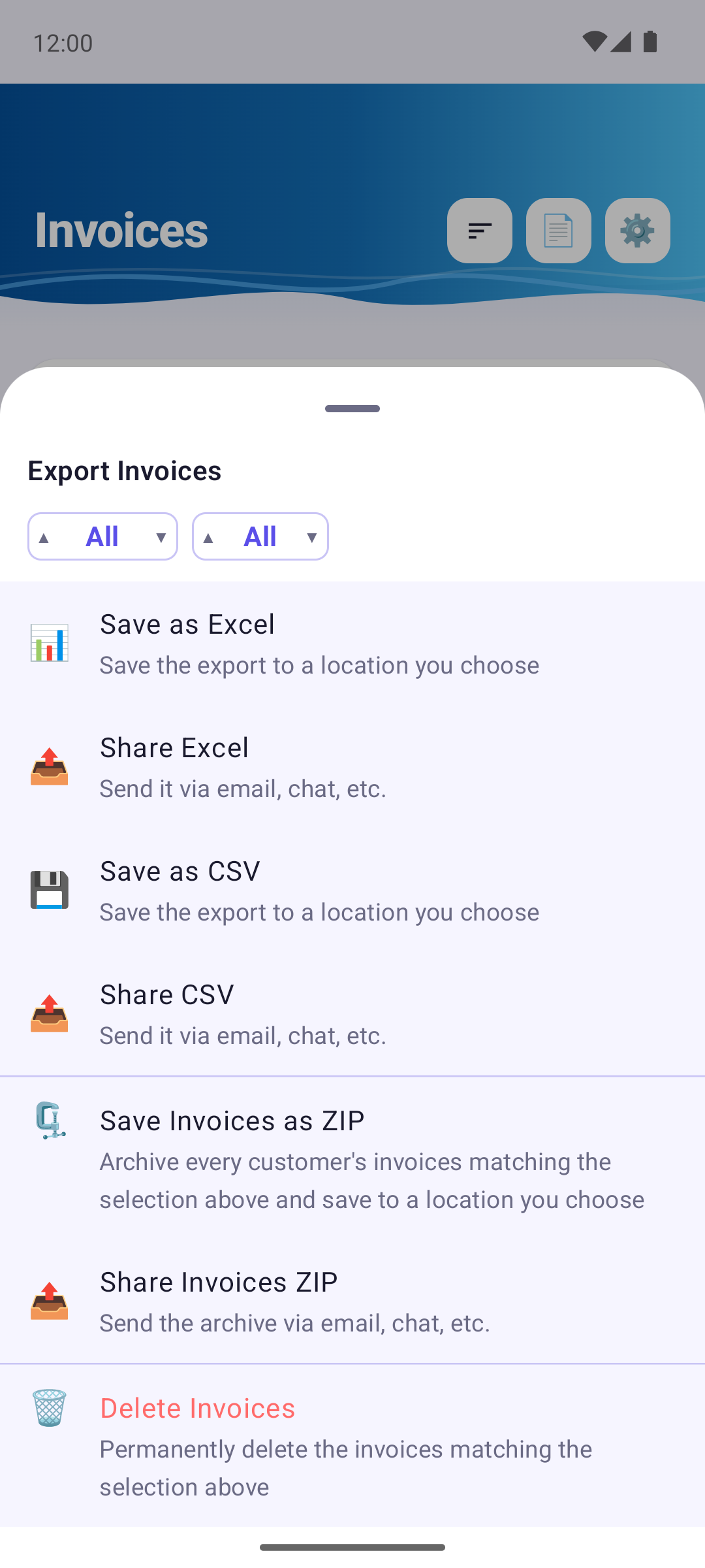 Invoice Cove — Exporting invoices (Excel, CSV, ZIP)