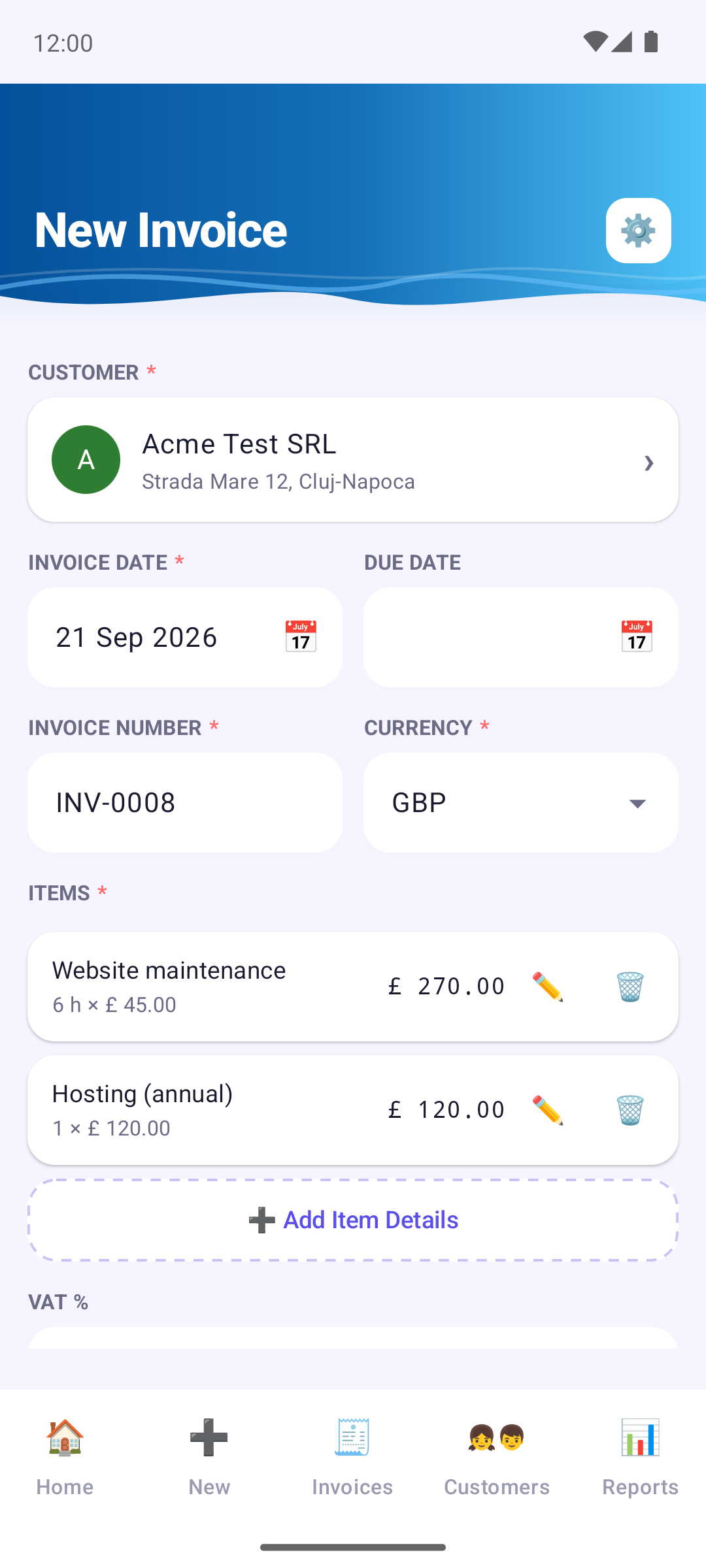Invoice Cove — Creating an invoice