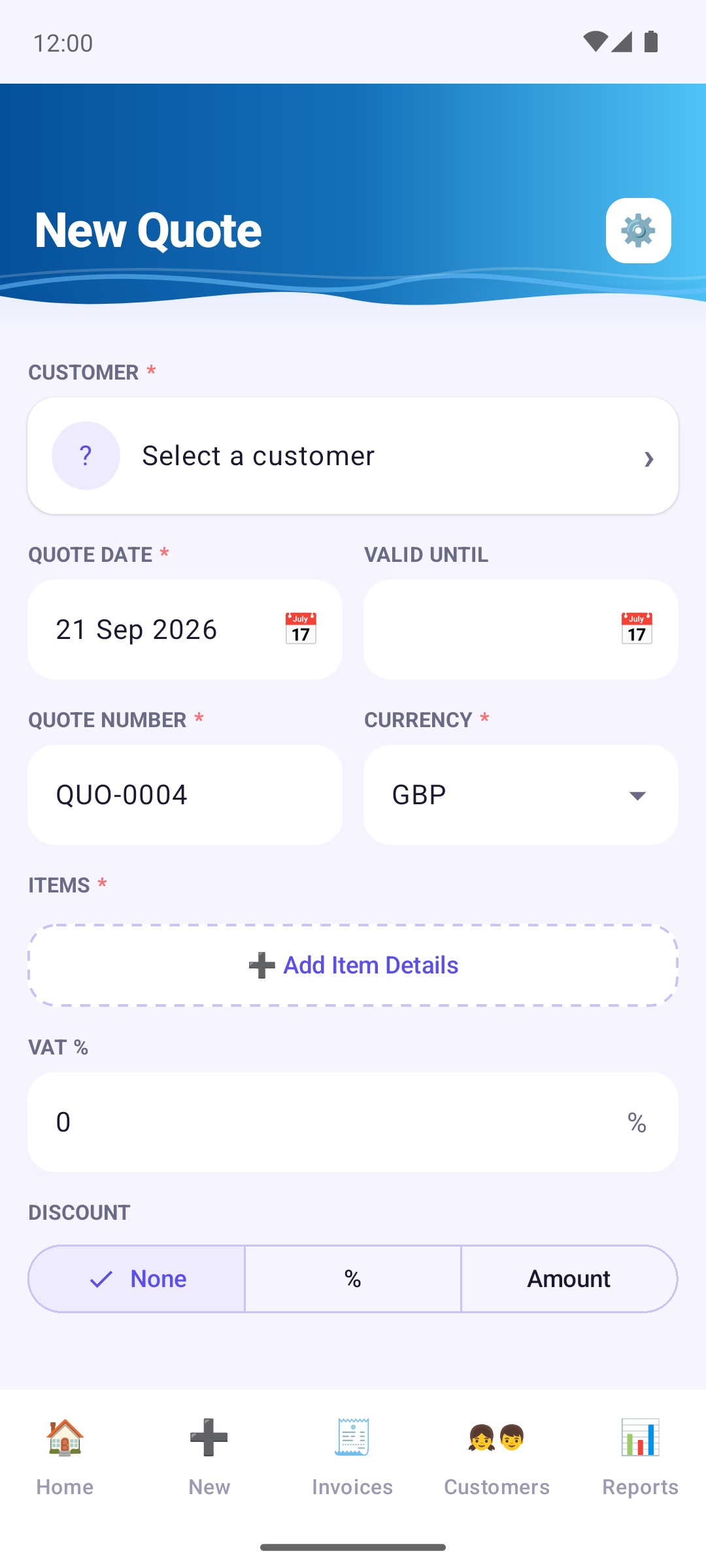 Invoice Cove — Creating a quote