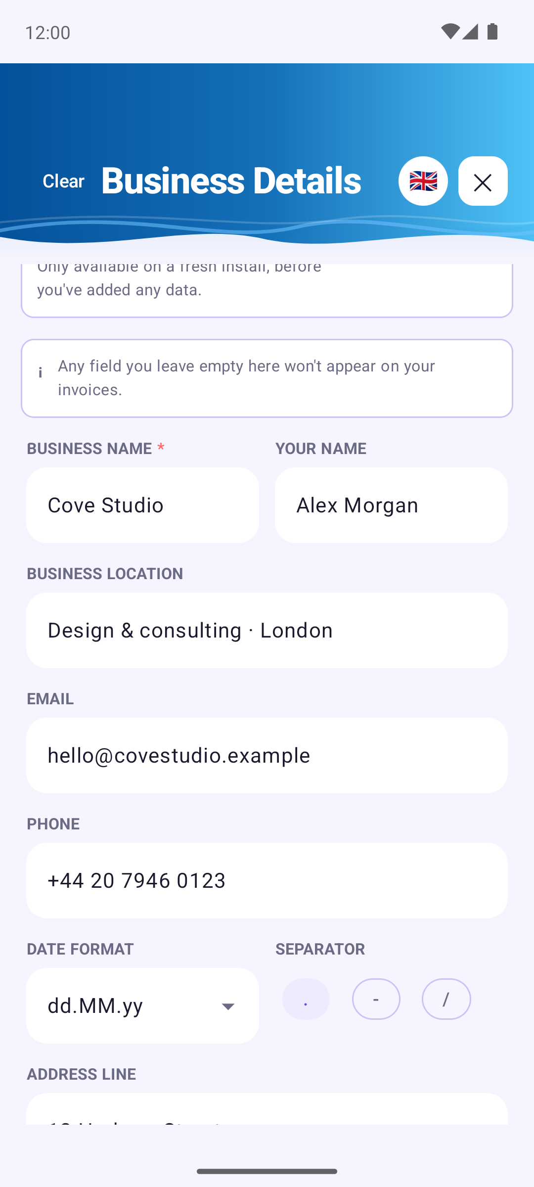Invoice Cove — Business details & settings