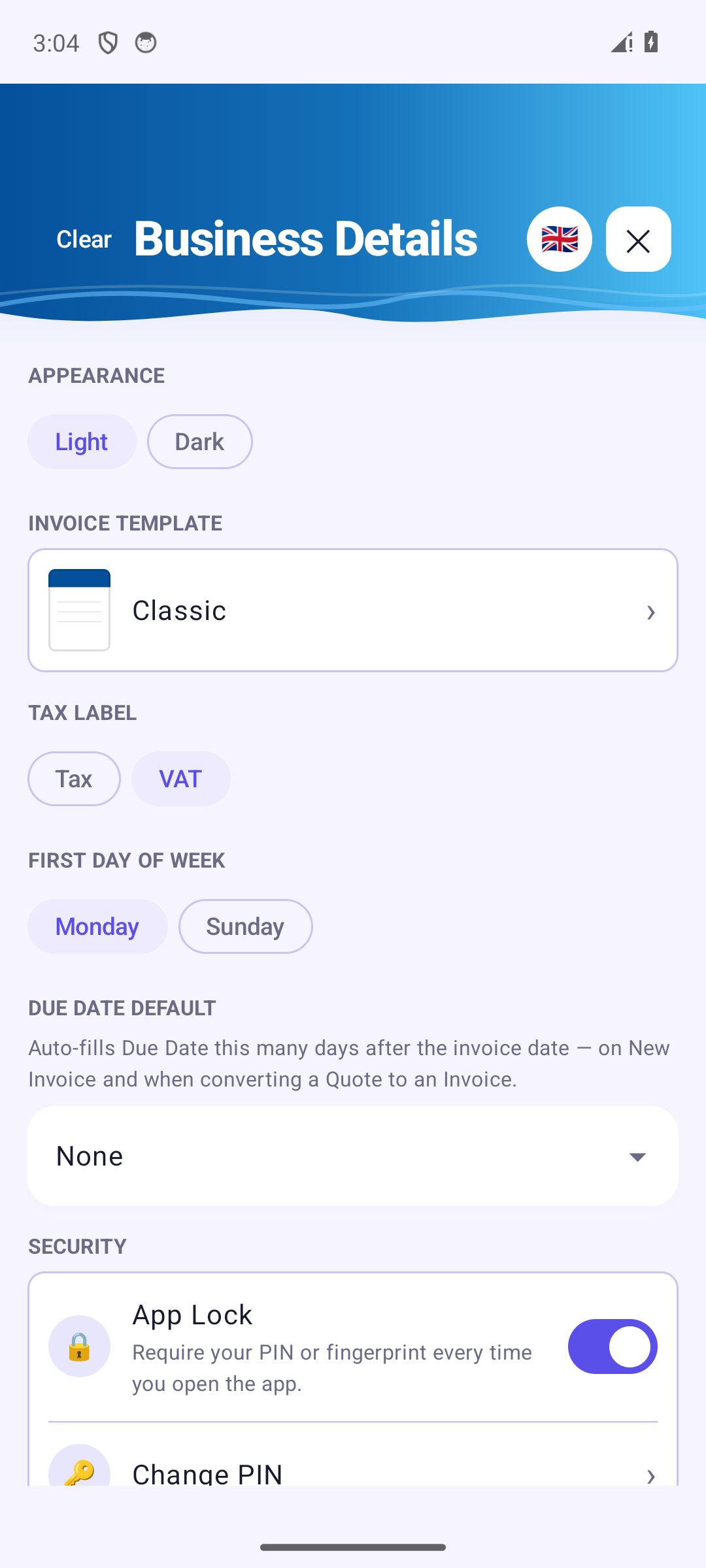 Invoice Cove — Business details & settings